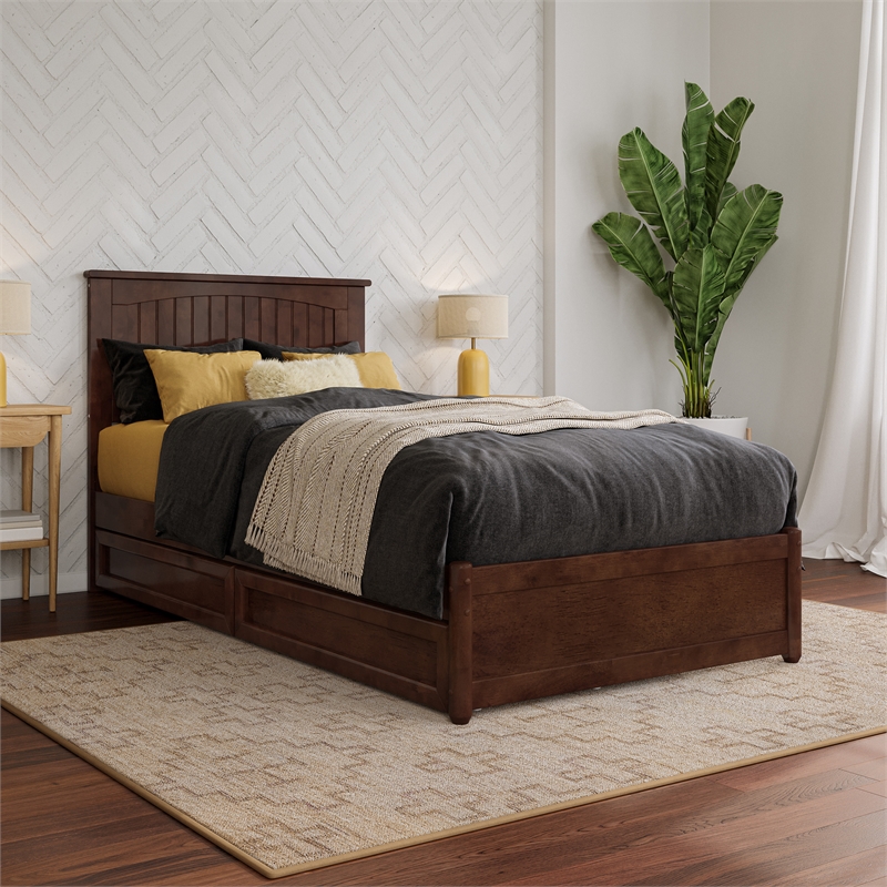 Malta Twin XL Wood Platform Bed with Panel Footboard & Storage Drawers in Walnut