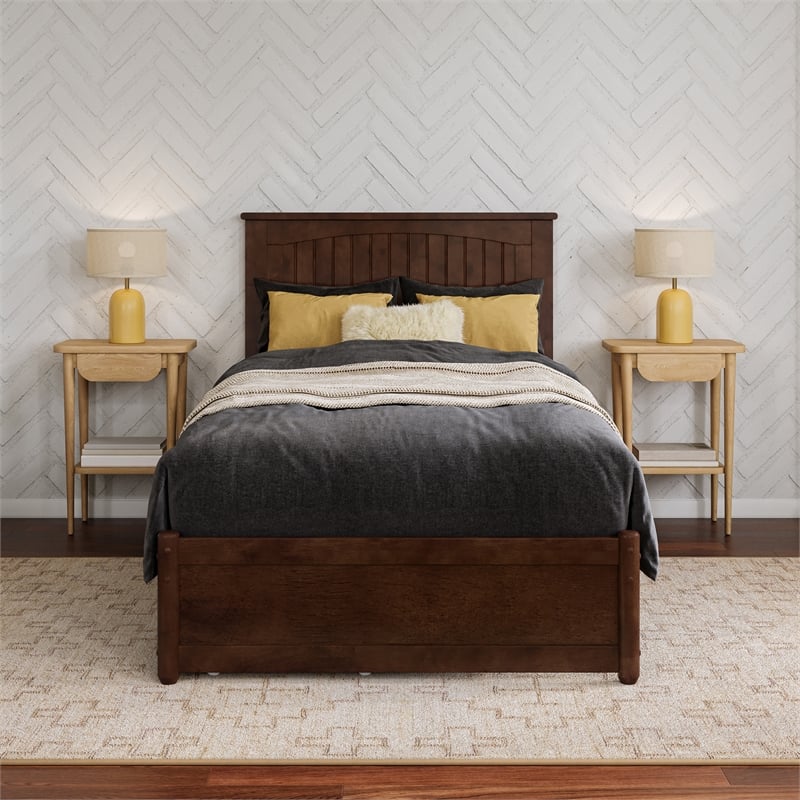 Malta Twin XL Wood Platform Bed with Panel Footboard & Storage Drawers in Walnut