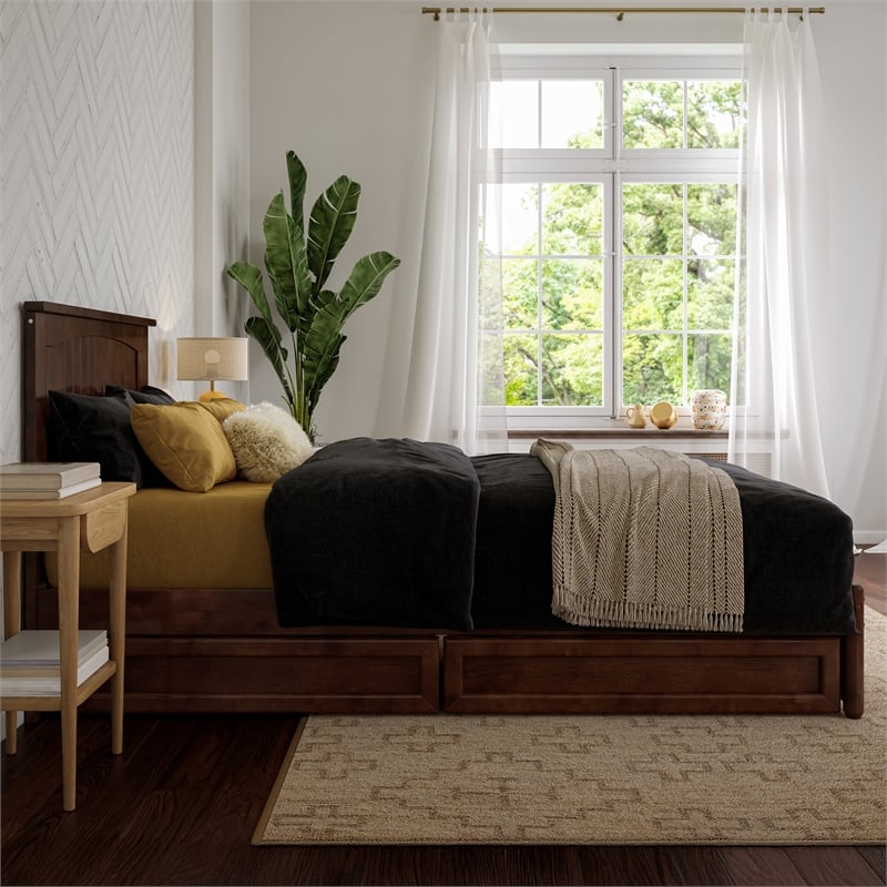 Malta Twin XL Wood Platform Bed with Panel Footboard & Storage Drawers in Walnut