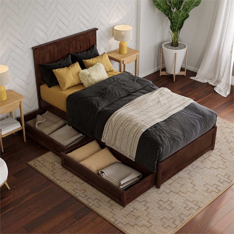 Malta Twin XL Wood Platform Bed with Panel Footboard & Storage Drawers in Walnut