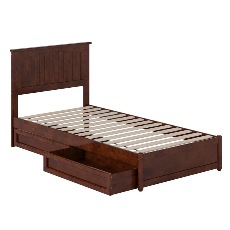 Malta Twin XL Wood Platform Bed with Panel Footboard & Storage Drawers in Walnut