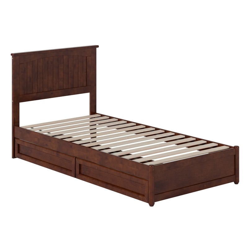 Malta Twin XL Wood Platform Bed with Panel Footboard & Storage Drawers in Walnut