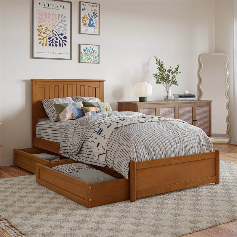 Malta Twin XL Wood Platform Bed with Panel Footboard & Drawers in Light Toffee