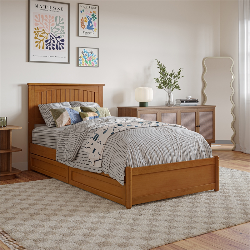 Malta Twin XL Wood Platform Bed with Panel Footboard & Drawers in Light Toffee