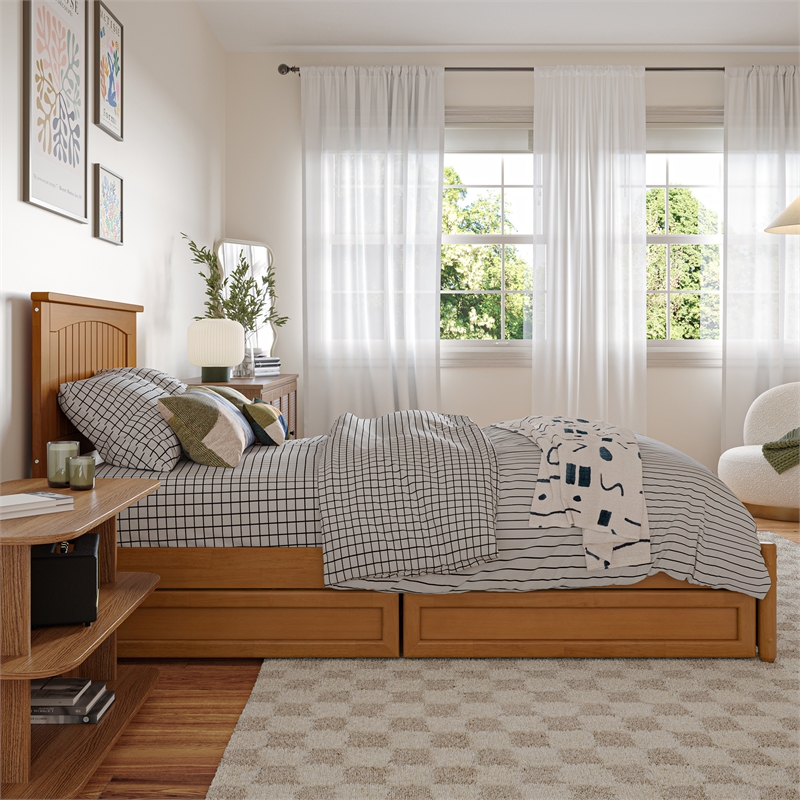 Malta Twin XL Wood Platform Bed with Panel Footboard & Drawers in Light Toffee