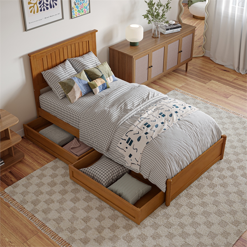 Malta Twin XL Wood Platform Bed with Panel Footboard & Drawers in Light Toffee
