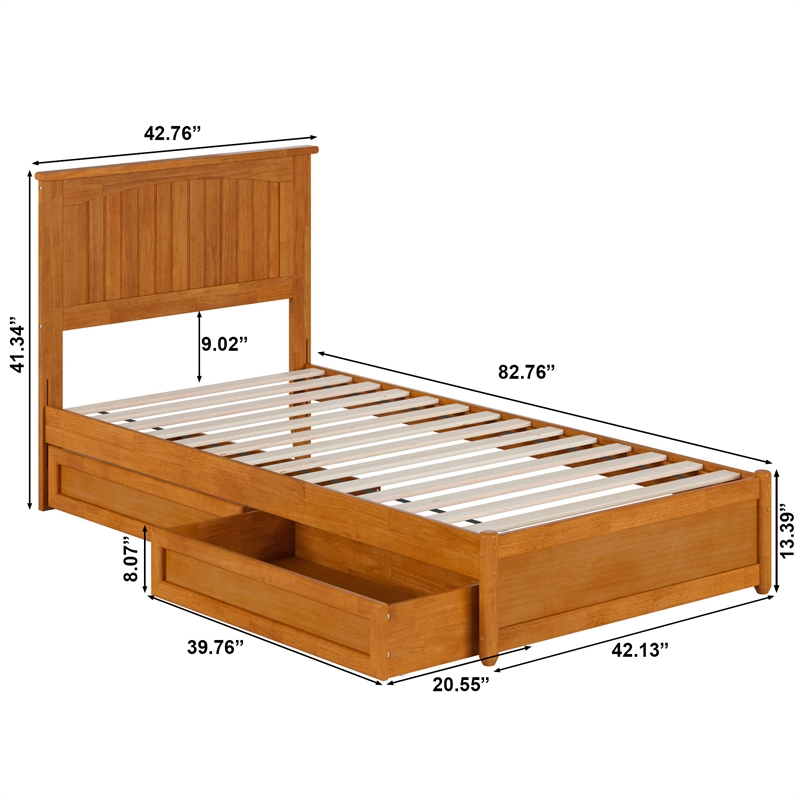 Malta Twin XL Wood Platform Bed with Panel Footboard & Drawers in Light Toffee
