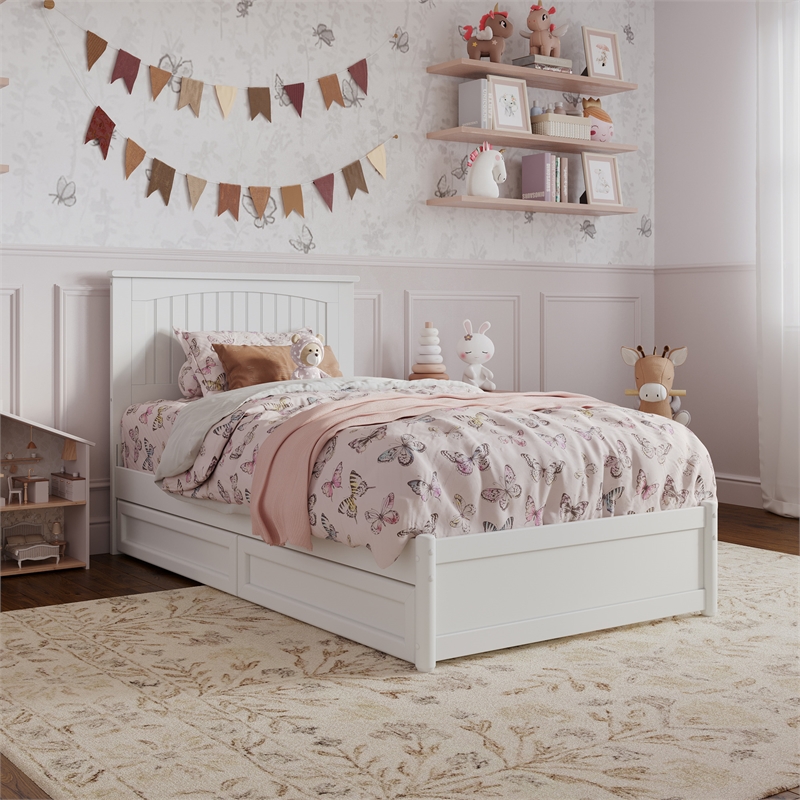 Malta Twin Wood Platform Bed with Panel Footboard and Storage Drawers in White