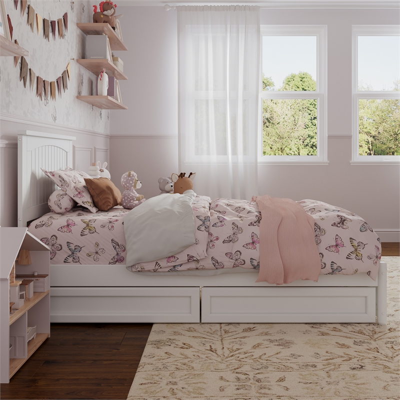 Malta Twin Wood Platform Bed with Panel Footboard and Storage Drawers in White