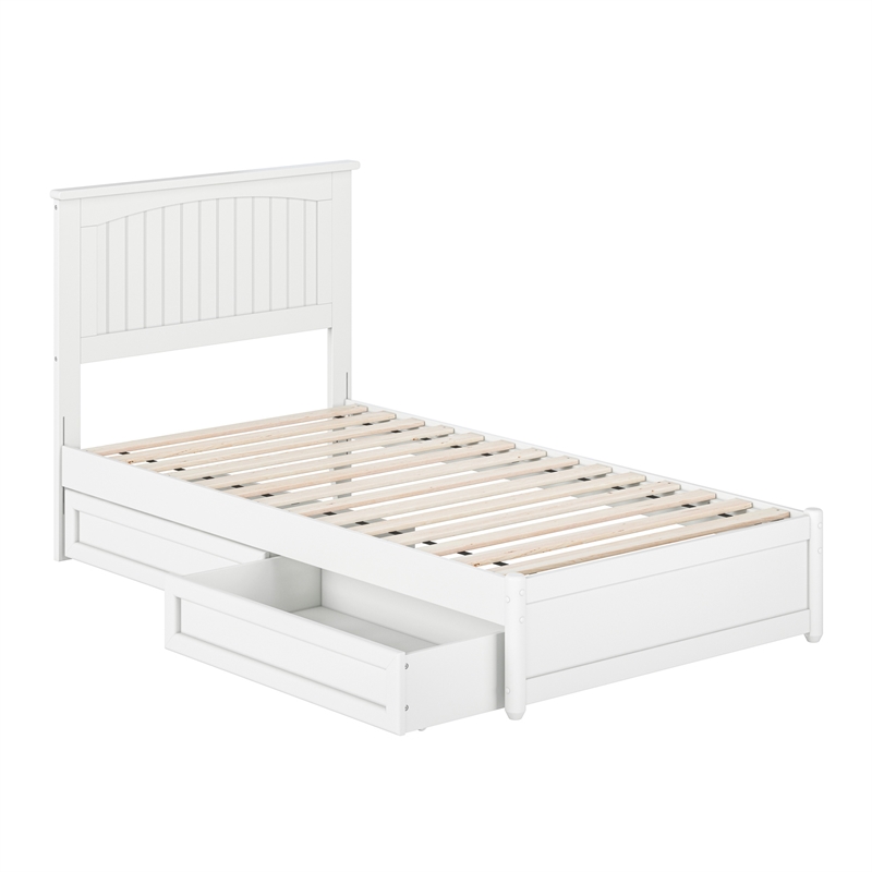Malta Twin Wood Platform Bed with Panel Footboard and Storage Drawers in White