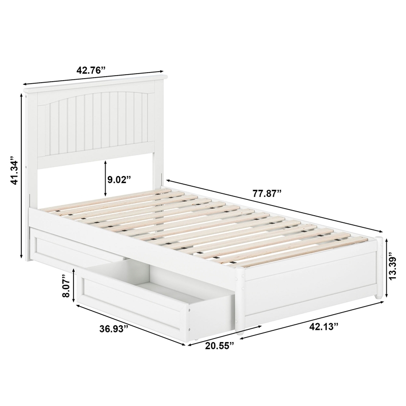 Malta Twin Wood Platform Bed with Panel Footboard and Storage Drawers in White
