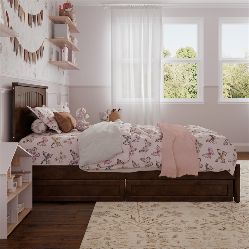 Malta Twin Wood Platform Bed with Panel Footboard and Storage Drawers in Walnut