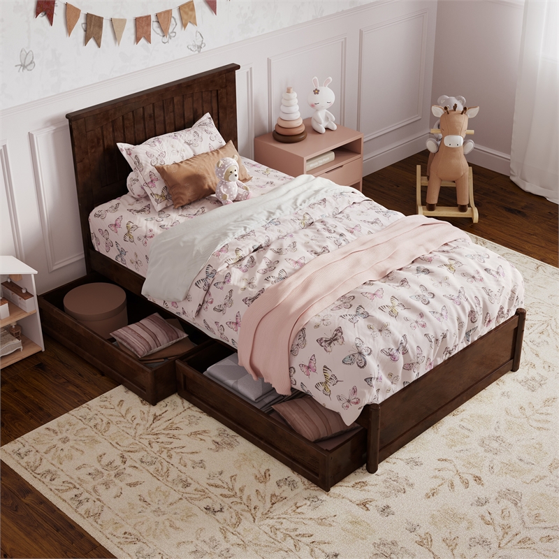 Malta Twin Wood Platform Bed with Panel Footboard and Storage Drawers in Walnut