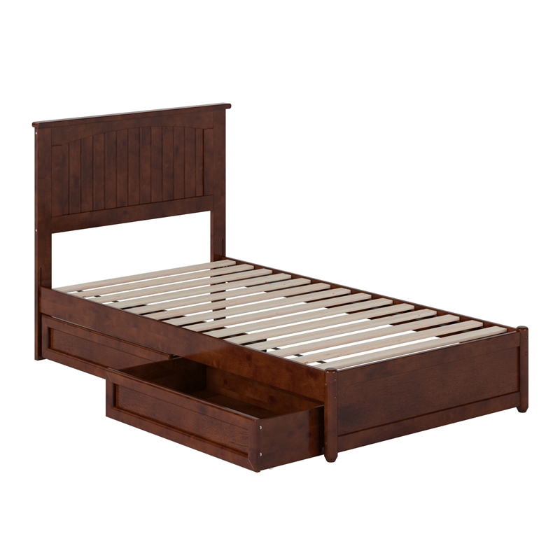 Malta Twin Wood Platform Bed with Panel Footboard and Storage Drawers in Walnut