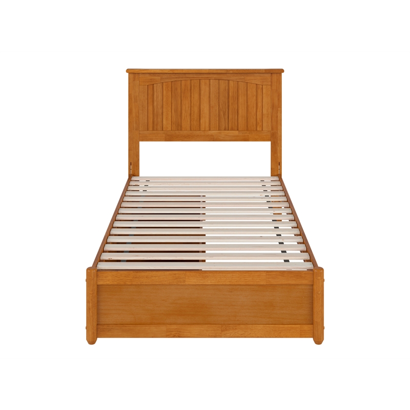 Malta Twin Wood Platform Bed with Panel Footboard & Drawers in Light Toffee