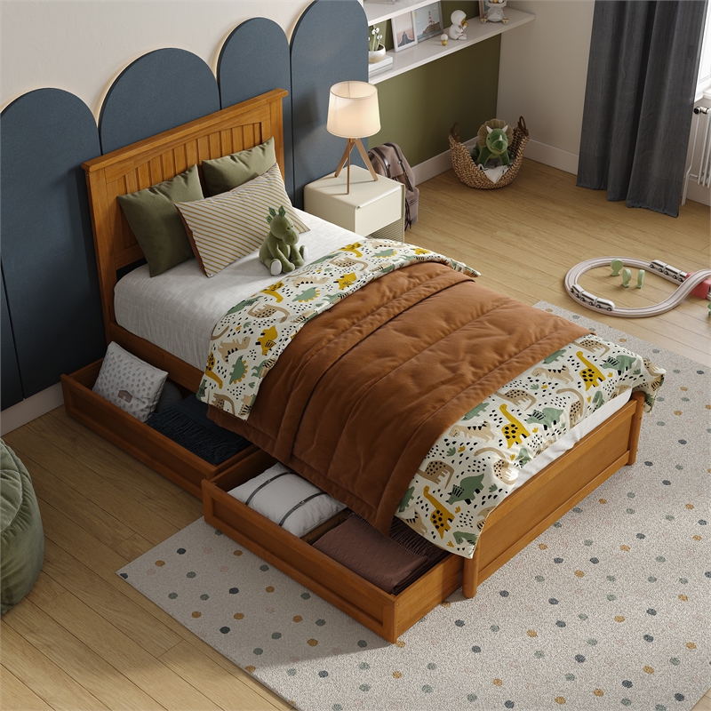 Malta Twin Wood Platform Bed with Panel Footboard & Drawers in Light Toffee
