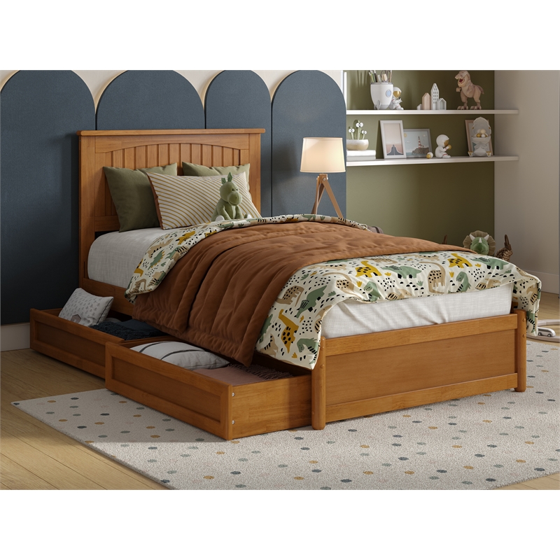 Malta Twin Wood Platform Bed with Panel Footboard & Drawers in Light Toffee