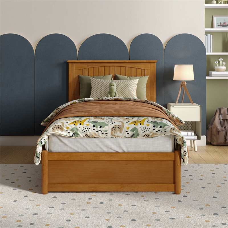 Malta Twin Wood Platform Bed with Panel Footboard & Drawers in Light Toffee