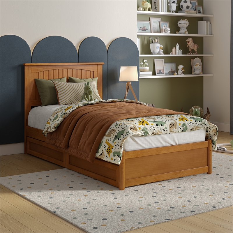 Malta Twin Wood Platform Bed with Panel Footboard & Drawers in Light Toffee