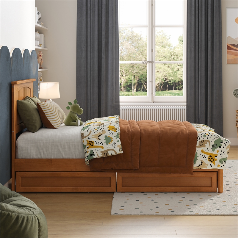 Malta Twin Wood Platform Bed with Panel Footboard & Drawers in Light Toffee