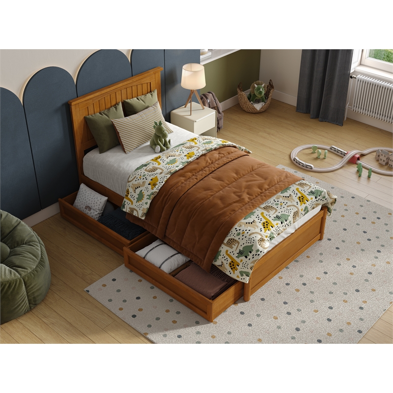 Malta Twin Wood Platform Bed with Panel Footboard & Drawers in Light Toffee