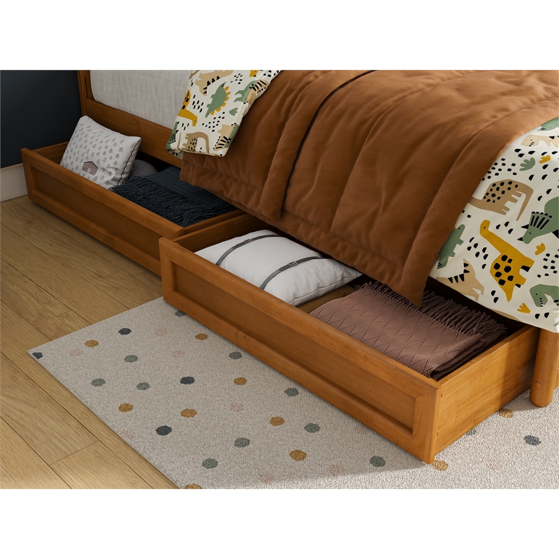 Malta Twin Wood Platform Bed with Panel Footboard & Drawers in Light Toffee