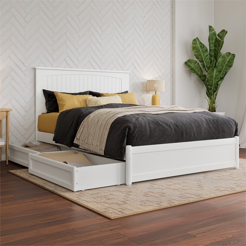 Malta Full Wood Platform Bed with Panel Footboard and Storage Drawers in White