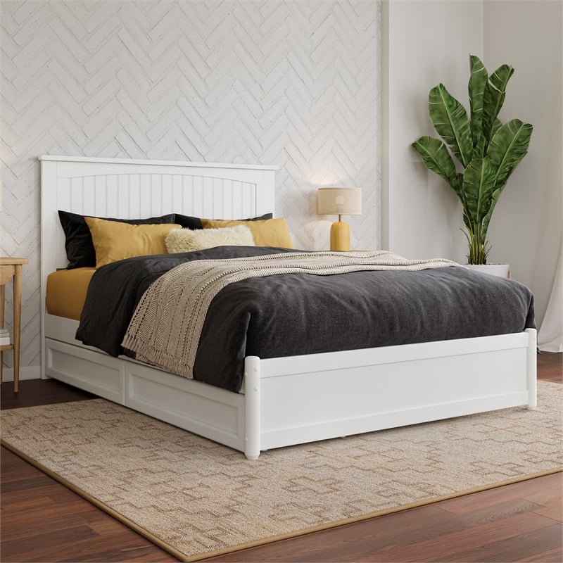 Malta Full Wood Platform Bed with Panel Footboard and Storage Drawers in White
