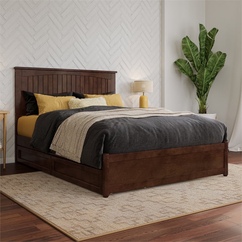 Malta Full Wood Platform Bed with Panel Footboard and Storage Drawers in Walnut