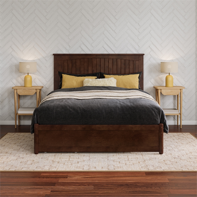 Malta Full Wood Platform Bed with Panel Footboard and Storage Drawers in Walnut