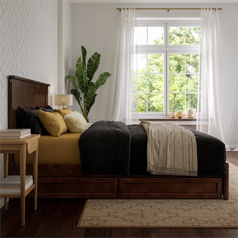 Malta Full Wood Platform Bed with Panel Footboard and Storage Drawers in Walnut