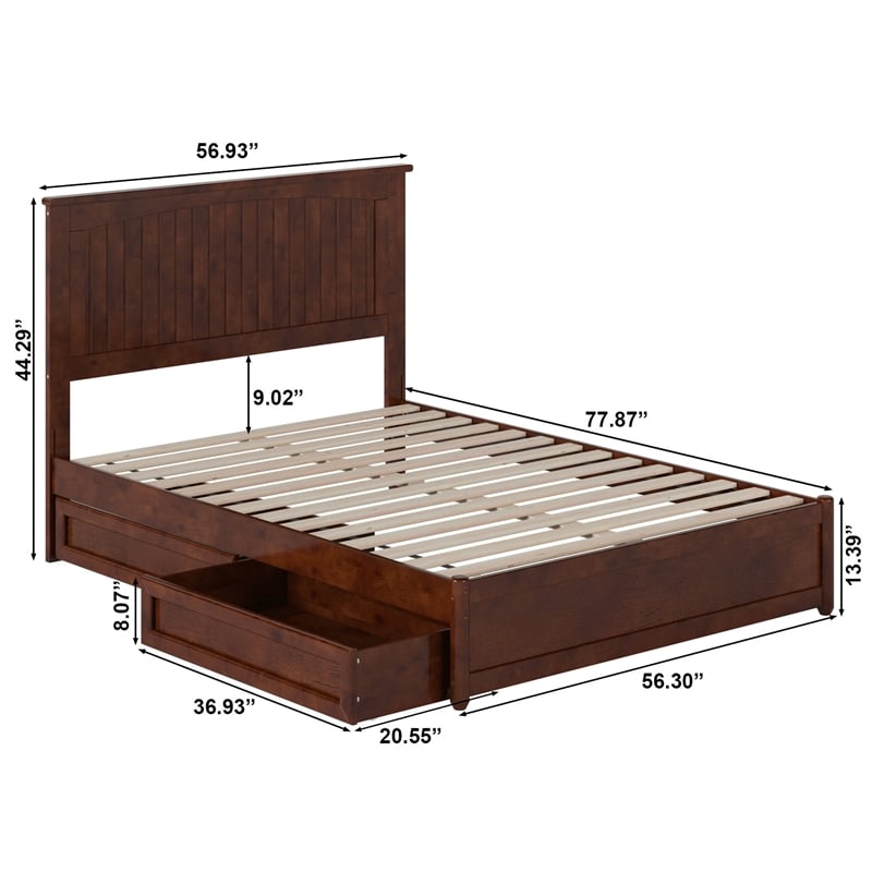 Malta Full Wood Platform Bed with Panel Footboard and Storage Drawers in Walnut