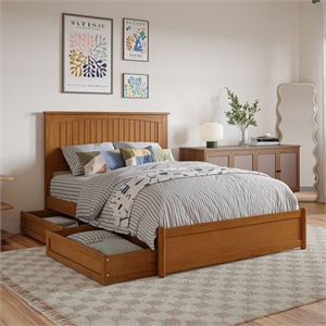 Malta Full Wood Platform Bed with Panel Footboard & Drawers in Light Toffee
