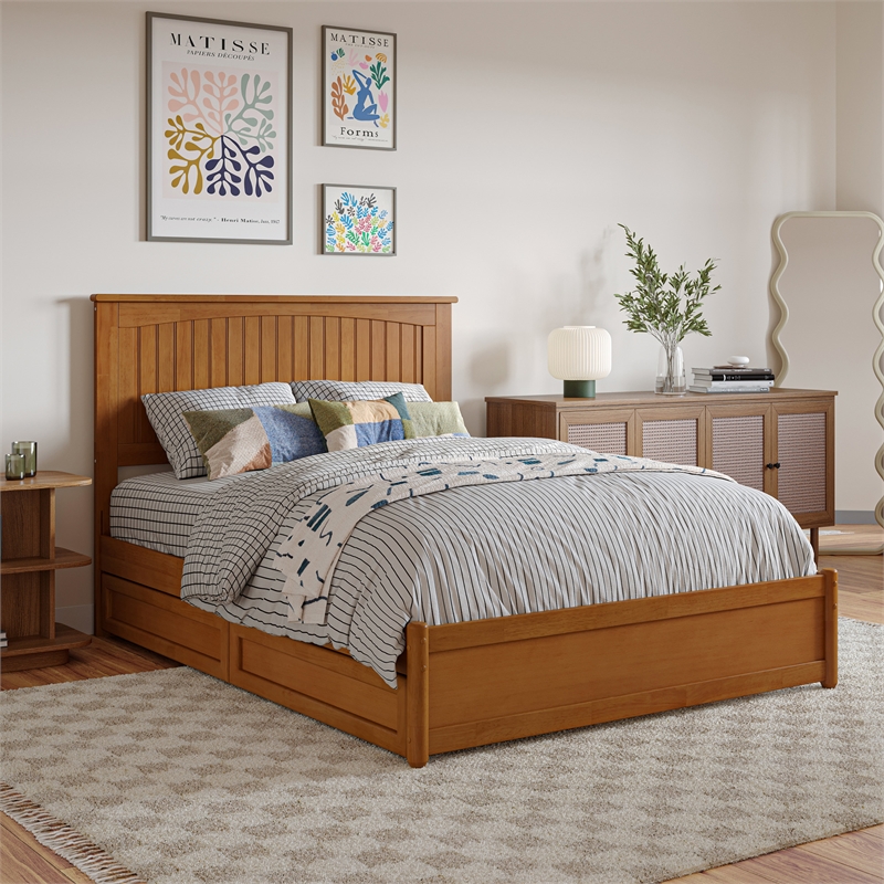 Malta Full Wood Platform Bed with Panel Footboard & Drawers in Light Toffee