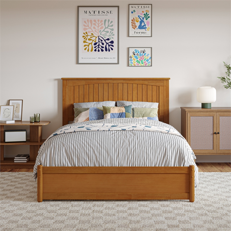 Malta Full Wood Platform Bed with Panel Footboard & Drawers in Light Toffee