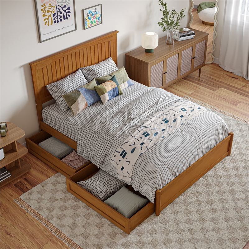 Malta Full Wood Platform Bed with Panel Footboard & Drawers in Light Toffee