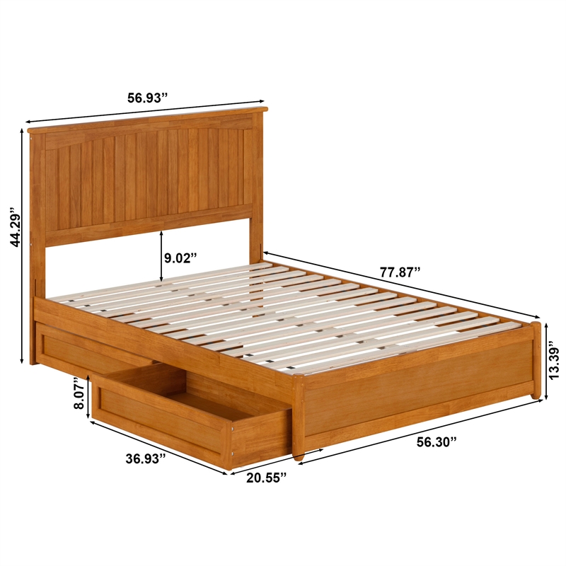 Malta Full Wood Platform Bed with Panel Footboard & Drawers in Light Toffee