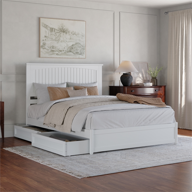 Malta Queen Wood Platform Bed with Panel Footboard and Storage Drawers in White