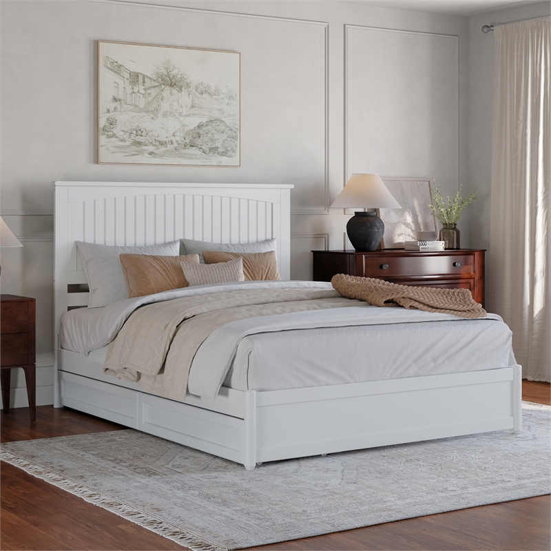 Malta Queen Wood Platform Bed with Panel Footboard and Storage Drawers in White