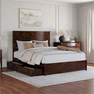 Malta Queen Wood Platform Bed with Panel Footboard and Storage Drawers in Walnut