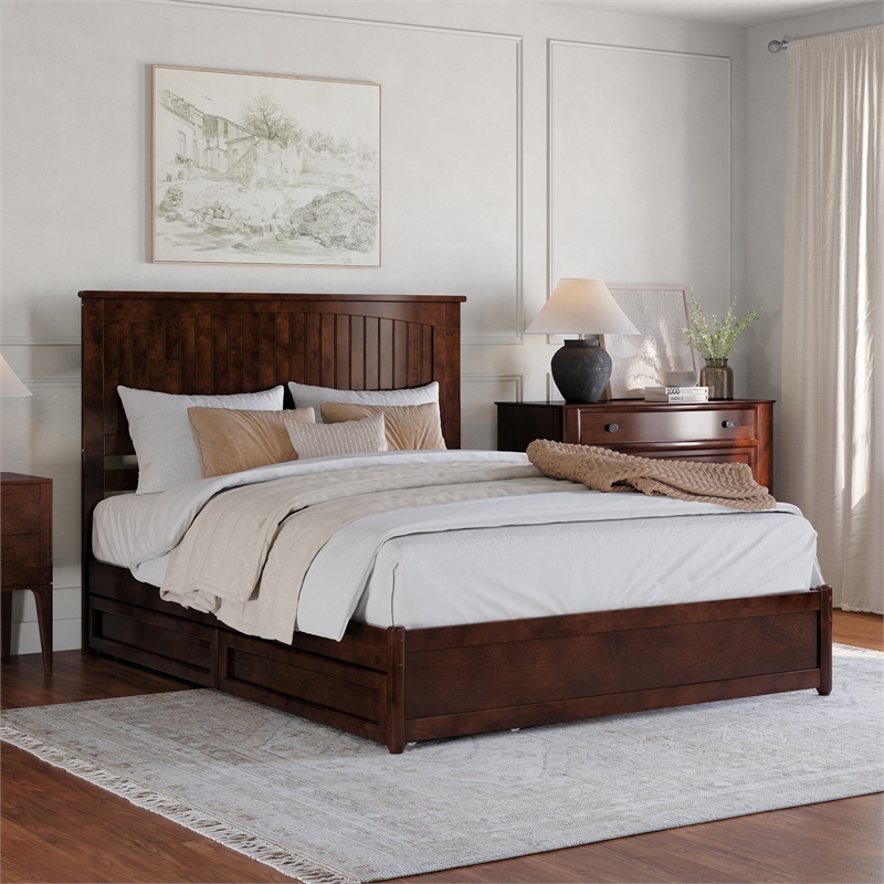 Malta Queen Wood Platform Bed with Panel Footboard and Storage Drawers in Walnut