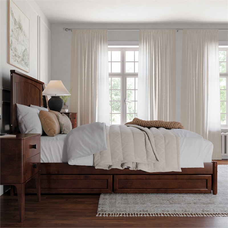 Malta Queen Wood Platform Bed with Panel Footboard and Storage Drawers in Walnut