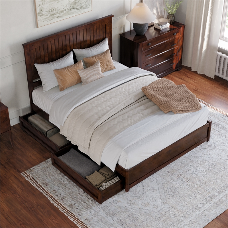 Malta Queen Wood Platform Bed with Panel Footboard and Storage Drawers in Walnut