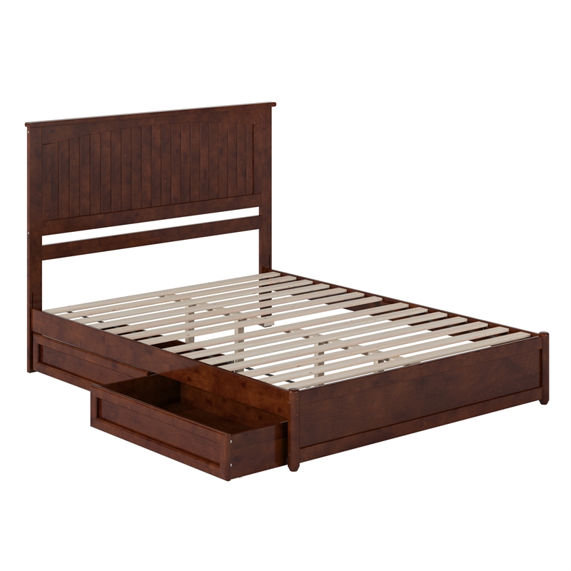 Malta Queen Wood Platform Bed with Panel Footboard and Storage Drawers in Walnut