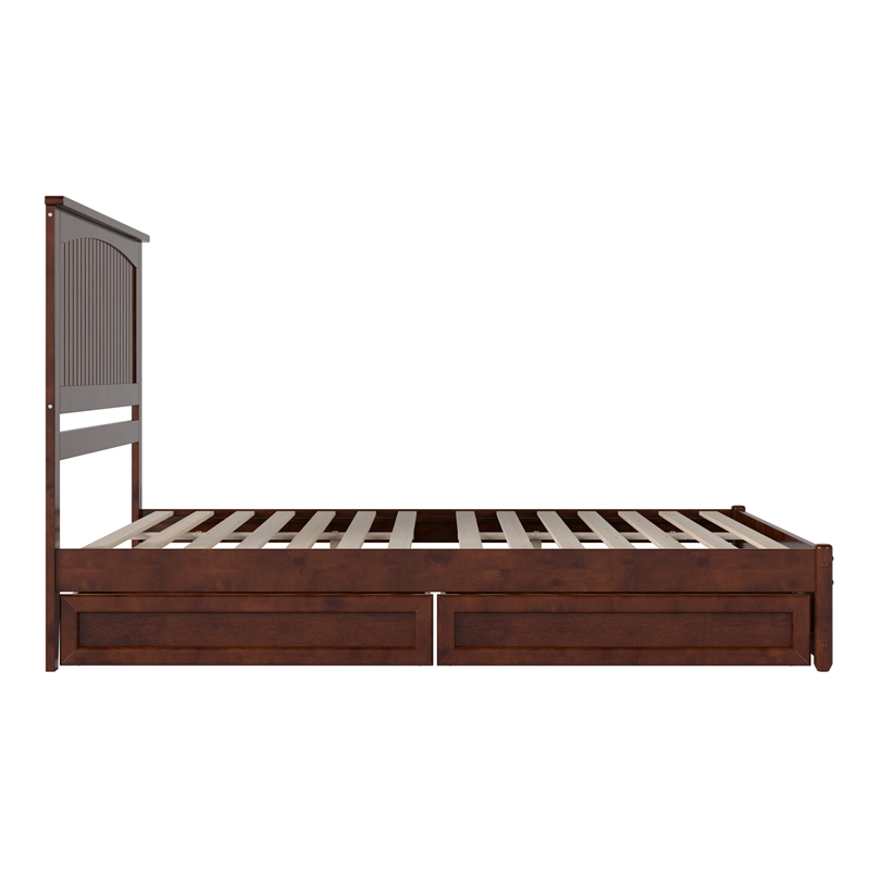 Malta Queen Wood Platform Bed with Panel Footboard and Storage Drawers in Walnut