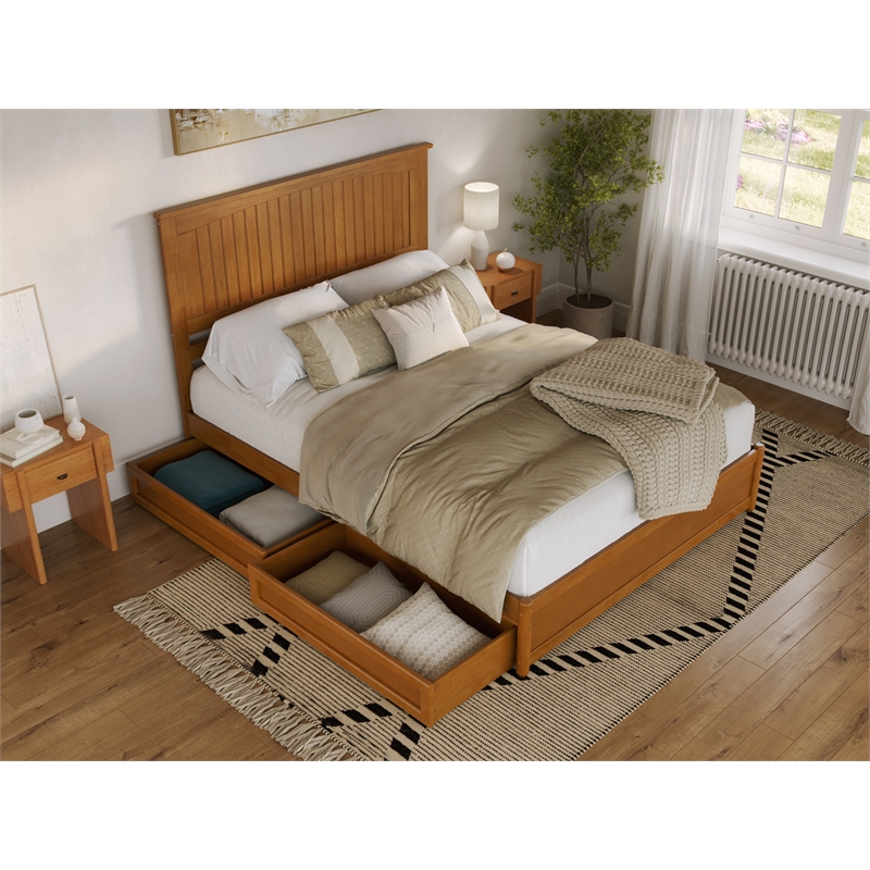 Malta Queen Wood Platform Bed with Panel Footboard & Drawers in Light Toffee