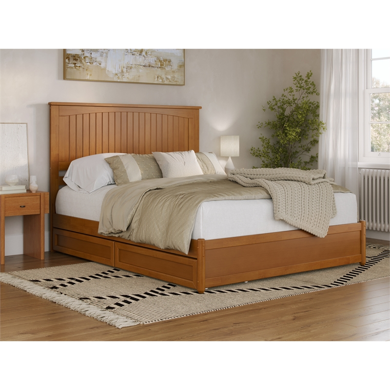 Malta Queen Wood Platform Bed with Panel Footboard & Drawers in Light Toffee