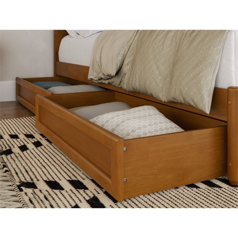 Malta Queen Wood Platform Bed with Panel Footboard & Drawers in Light Toffee