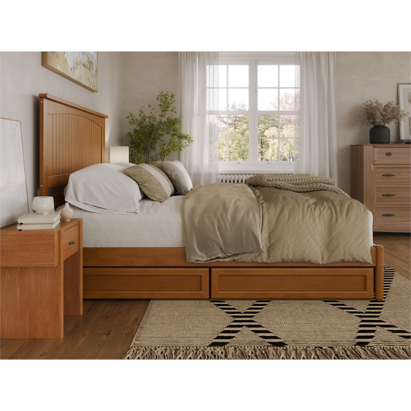 Malta Queen Wood Platform Bed with Panel Footboard & Drawers in Light Toffee
