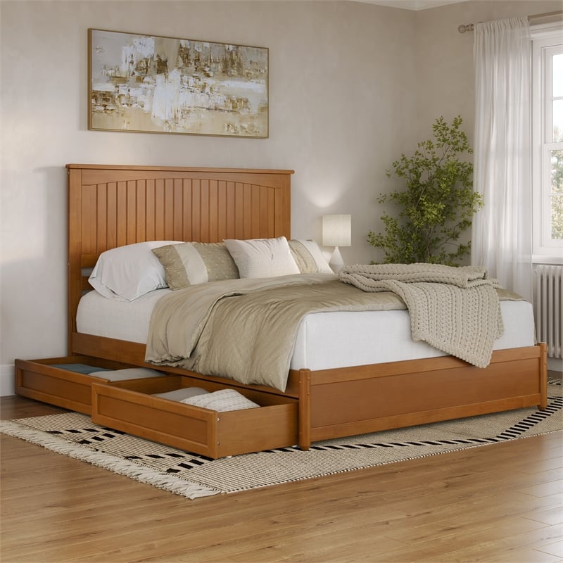 Malta Queen Wood Platform Bed with Panel Footboard & Drawers in Light Toffee